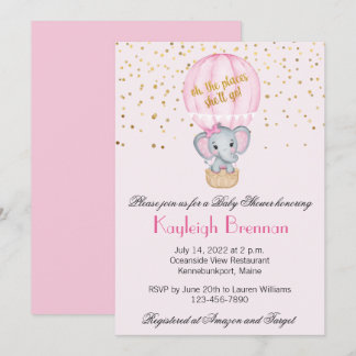Hot Air Balloon Baby Girl Elephant Baby Shower Invitation