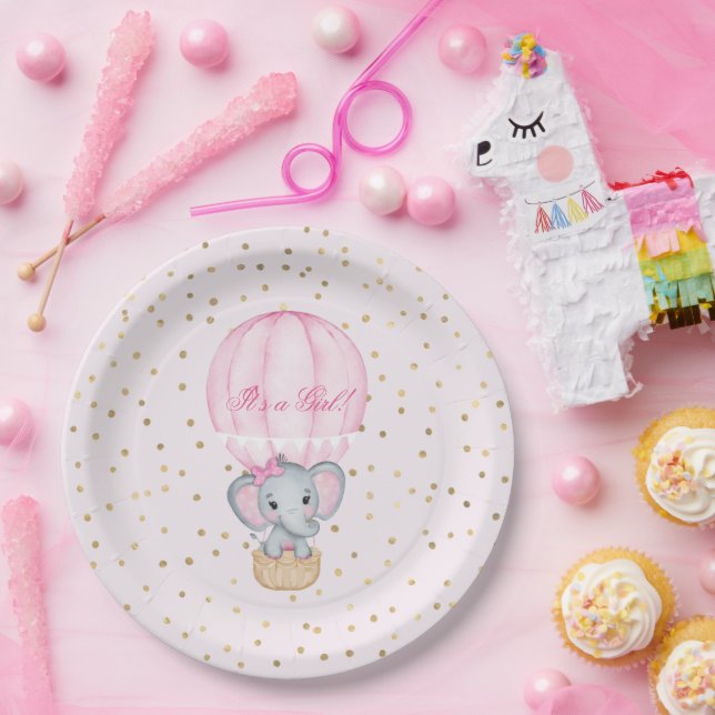 Hot Air Balloon Baby Girl Elephant Baby Shower  Paper Plates (Party)
