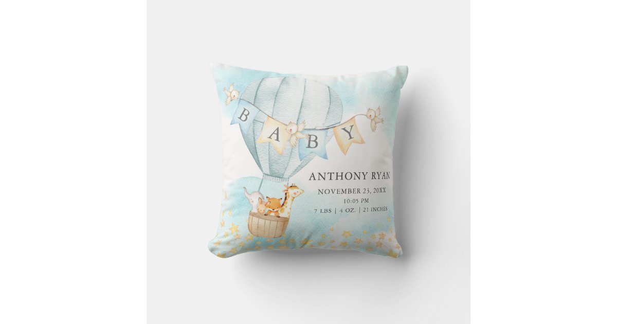 Hot Air Balloon Baby Shower Birth Birth Stats Throw Pillow | Zazzle