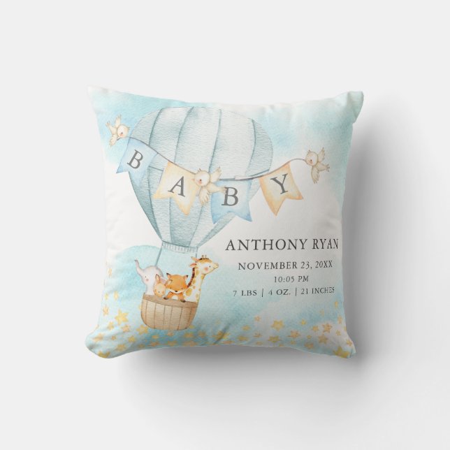Hot Air Balloon Baby Shower Birth Birth Stats Throw Pillow (Front)