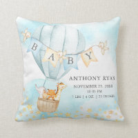 Hot Air Balloon Baby Shower Birth Birth Stats Throw Pillow