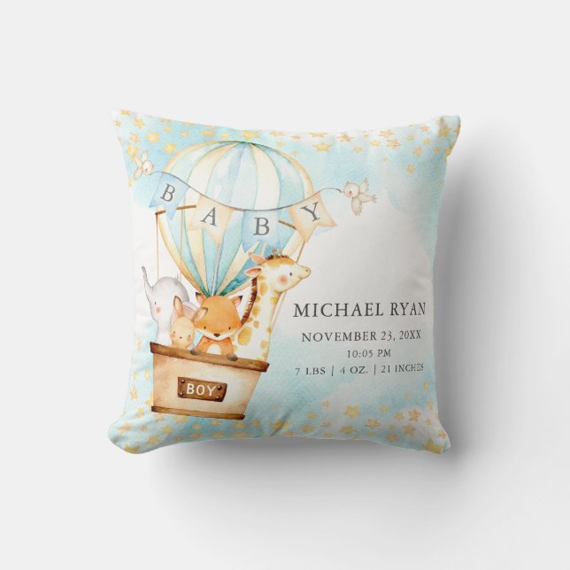 Hot Air Balloon Baby Shower Birth Birth Stats Throw Pillow (Front)