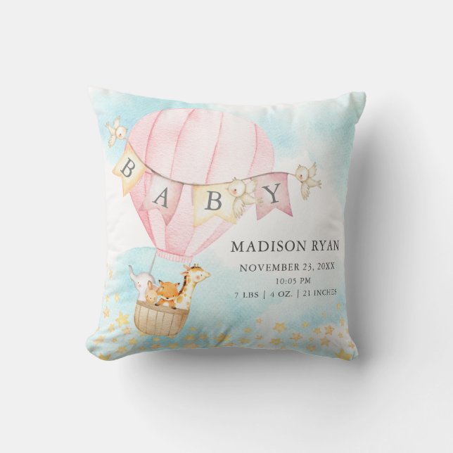 Hot Air Balloon Baby Shower Birth Birth Stats Throw Pillow (Front)