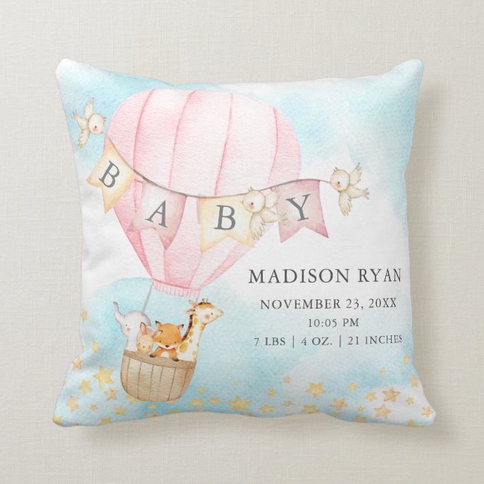 Hot Air Balloon Baby Shower Birth Birth Stats Throw Pillow