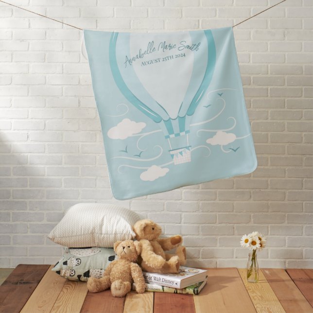 Hot Air Balloon Baby Shower Blue Baby Blanket (In Situ)
