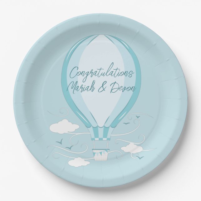 Hot Air Balloon Baby Shower Blue Paper Plates (Front)