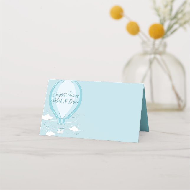 Hot Air Balloon Baby Shower Blue Place Card (Front)