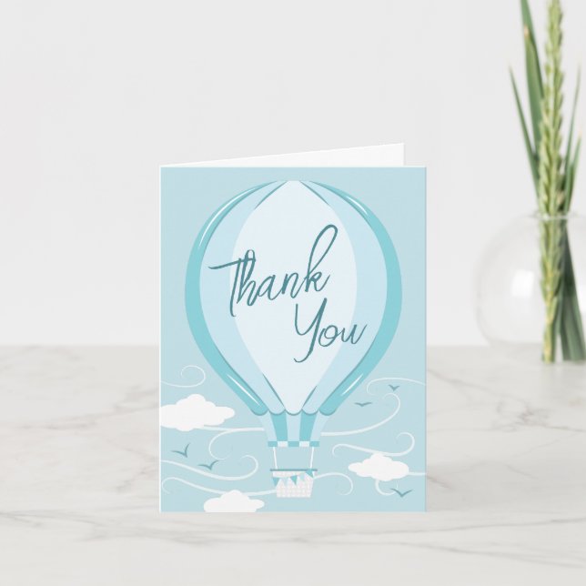 Hot Air Balloon Baby Shower Blue Thank You Card (Front)