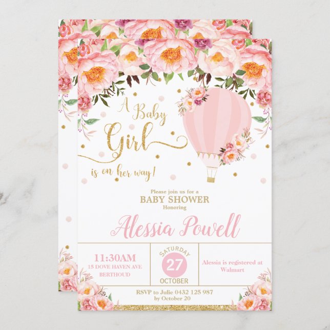 Hot Air Balloon Baby Shower Blush Floral Baby Girl Invitation (Front/Back)