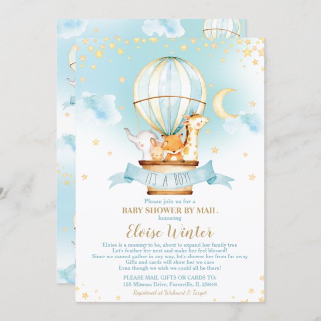 Hot Air Balloon Baby Shower by Mail Jungle Animal Invitation (Front/Back)
