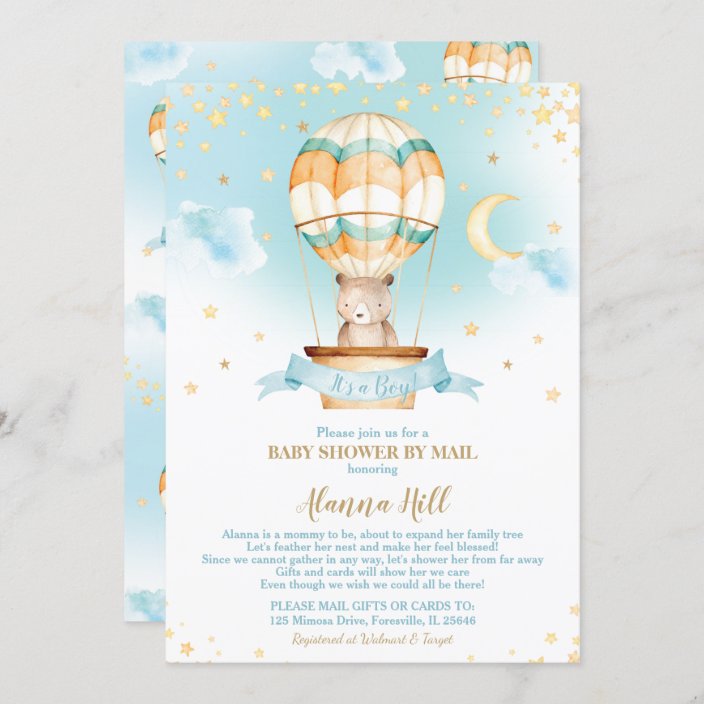 Hot Air Balloon Baby Shower by Mail Teddy Bear Invitation | Zazzle.com