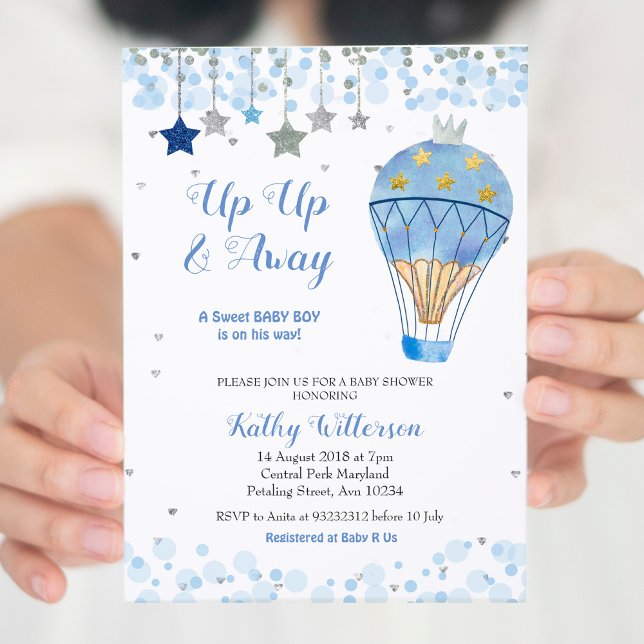 Hot Air Balloon Baby Shower Glitter Blue Star Invitation (Creator Uploaded)