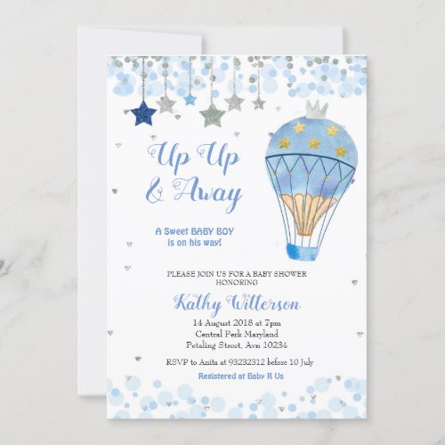 Hot Air Balloon Baby Shower Glitter Blue Star Invitation