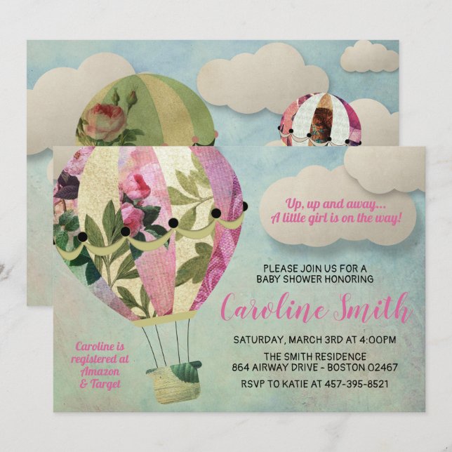 Hot air balloon baby shower invitation (Front/Back)