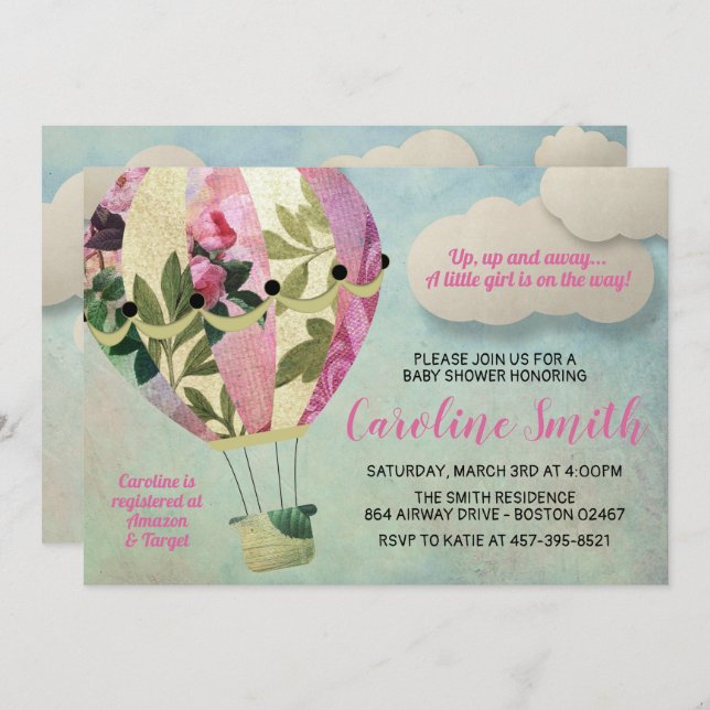 Hot air balloon baby shower invitation (Front/Back)