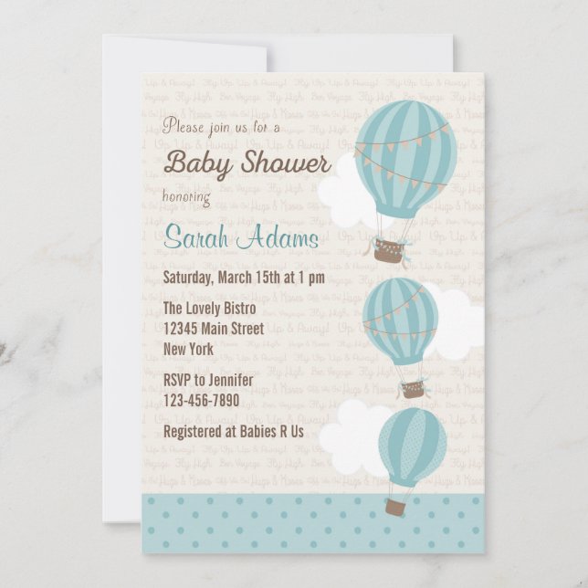 Hot Air Balloon Baby Shower Invitation (Blue) (Front)