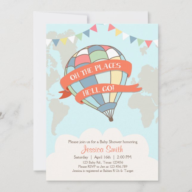 Hot air balloon baby shower invitation Blue Boy (Front)