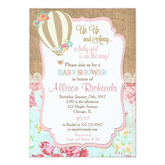Hot Air Balloon Baby Shower Invitation Burlap Lace Zazzle