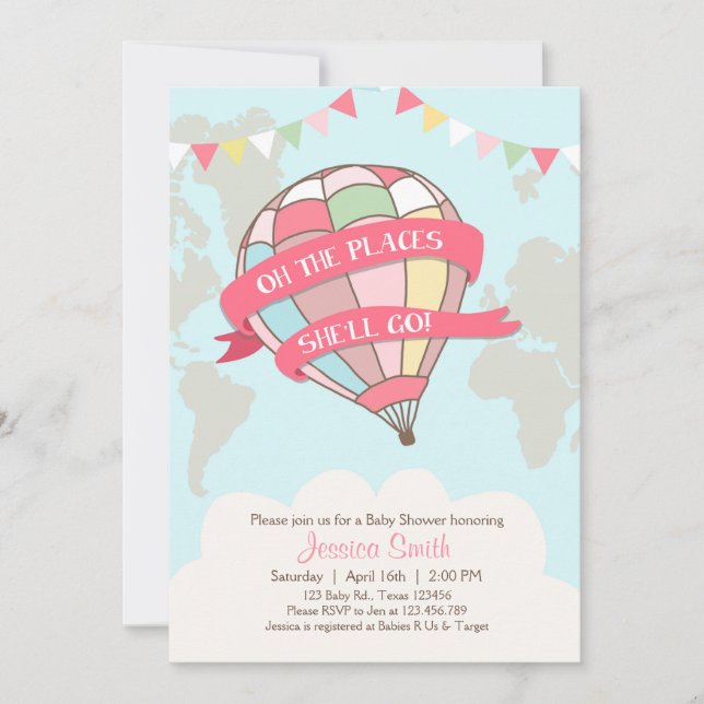 Hot air balloon baby shower invitation pink Girl (Front)