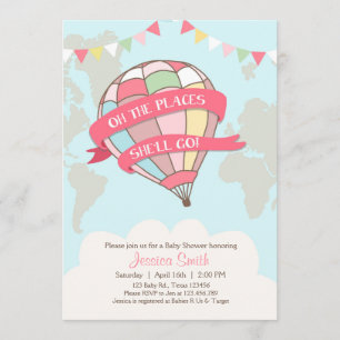 Hot air balloon baby shower invitation pink Girl
