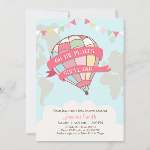 Hot air balloon baby shower invitation pink Girl