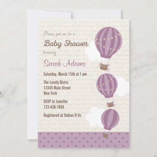 Hot Air Balloon Baby Shower Invitation Purple