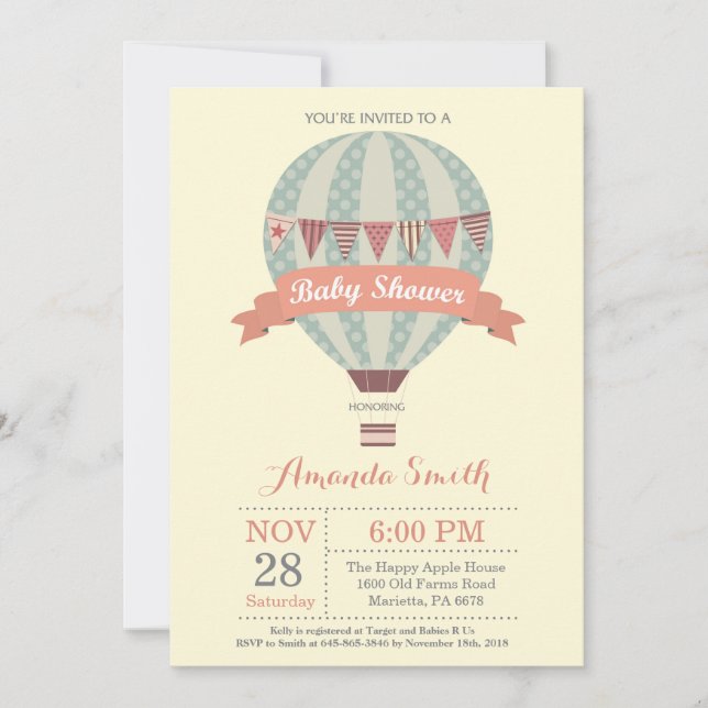 Hot Air Balloon Baby Shower Invitation Yellow (Front)