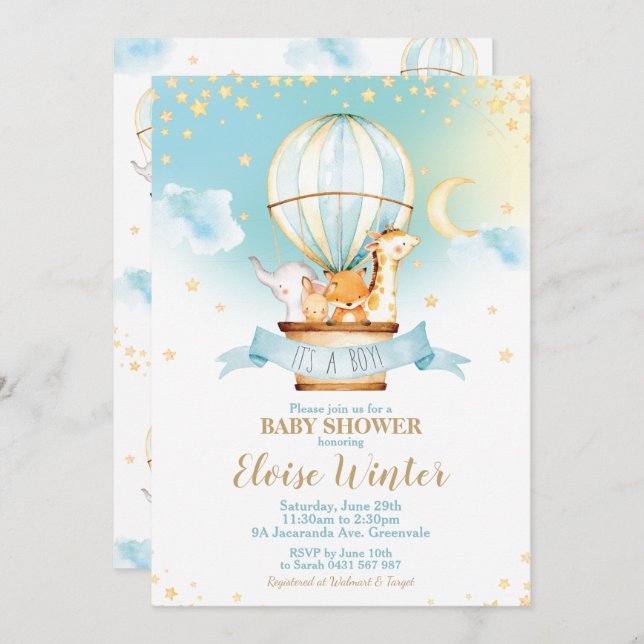 Hot Air Balloon Baby Shower Jungle Animals Boy Invitation (Front/Back)