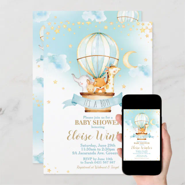 Hot Air Balloon Baby Shower Jungle Animals Boy Invitation | Zazzle