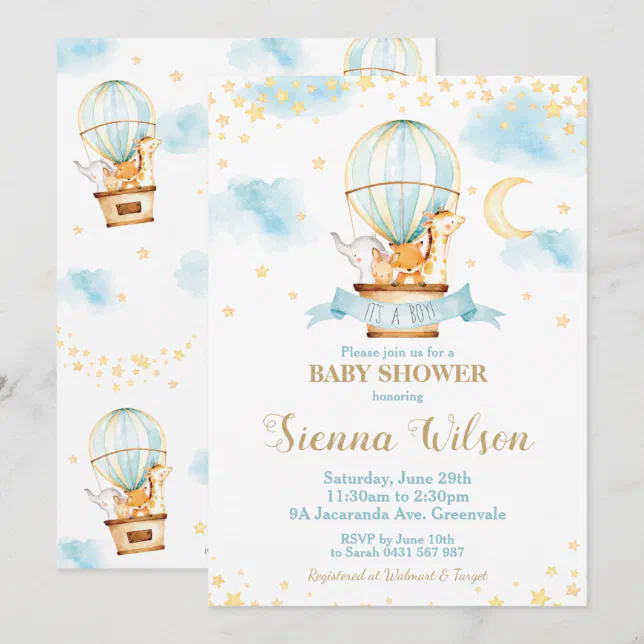 Hot Air Balloon Baby Shower Jungle Animals Boy Invitation | Zazzle