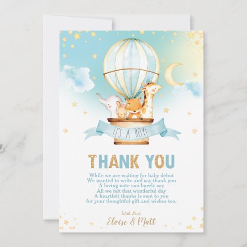 Hot Air Balloon Baby Shower Jungle Animals Boy Thank You Card