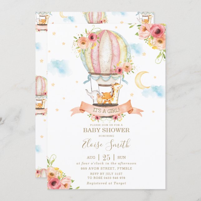 Hot Air Balloon Baby Shower Jungle Animals Girl Invitation (Front/Back)