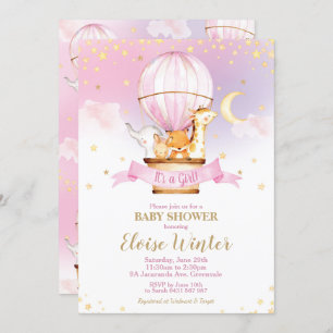 Hot Air Balloon Baby Shower Jungle Animals Girl Invitation