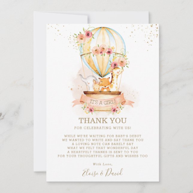 Hot Air Balloon Baby Shower Jungle Animals Girl Thank You Card (Front)