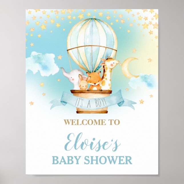 Hot Air Balloon Baby Shower Jungle Animals Welcome Poster (Front)