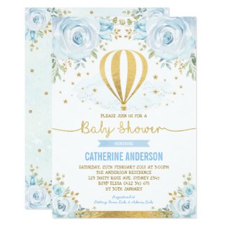 Hot Air Balloon Baby Shower Pastel Blue Floral Invitation