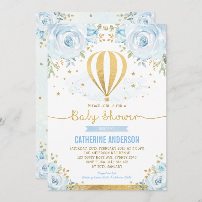 Hot Air Balloon Baby Shower Pastel Blue Floral Invitation (Front/Back)