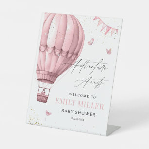 Hot Air Balloon Baby Shower Pink Girl Adventure Pedestal Sign