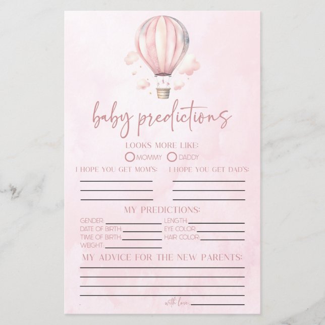 Hot Air Balloon Baby Shower Predictions Game (Front)