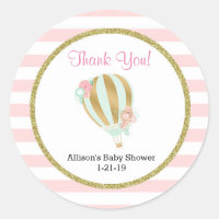 Hot air balloon baby shower stickers pink gold