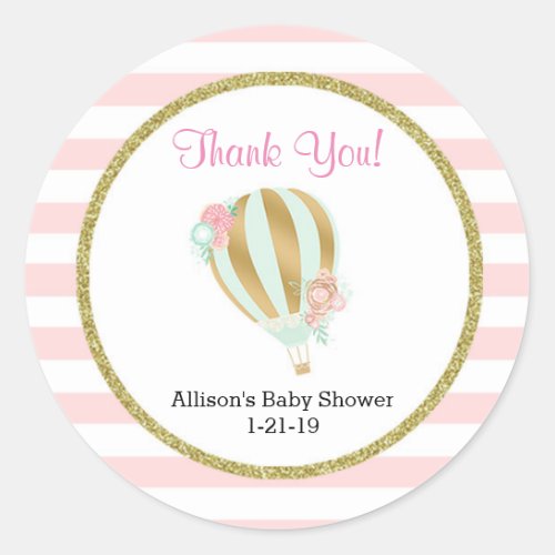 Hot air balloon baby shower stickers pink gold