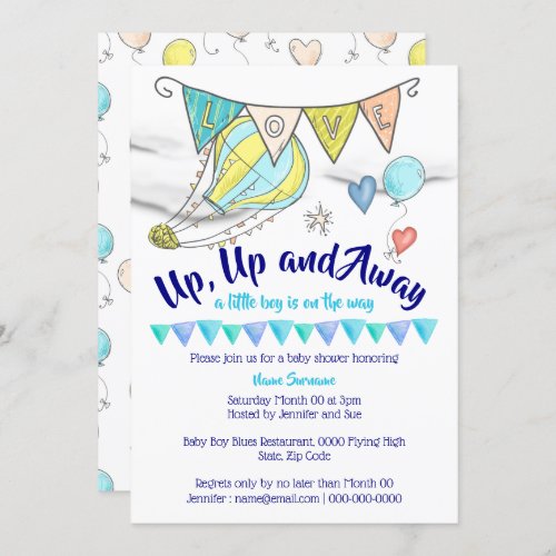 Hot air balloon baby shower travel boys flags invitation