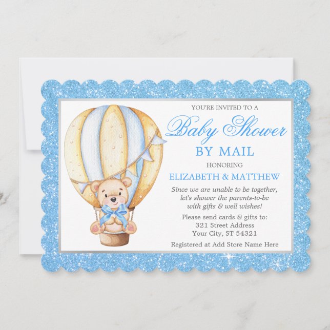 Hot Air Balloon Bear Blue Glitter Shower by Mail Invitation (Front)
