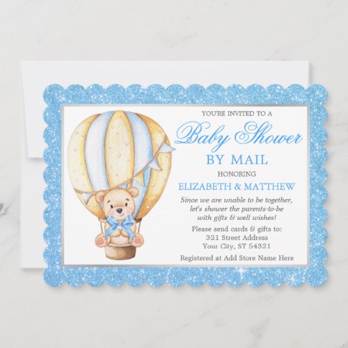 Hot Air Balloon Bear Blue Glitter Shower by Mail Invitation