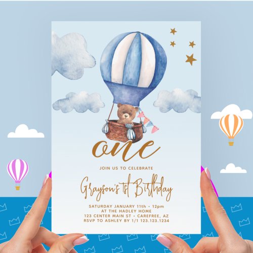 Hot Air Balloon Bear Boy 1st Birthday Invitation