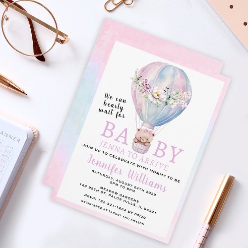 Hot air balloon bear girl baby shower invitation