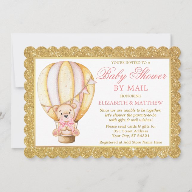 Hot Air Balloon Bear Glitter Pink Shower by Mail Invitation (Front)