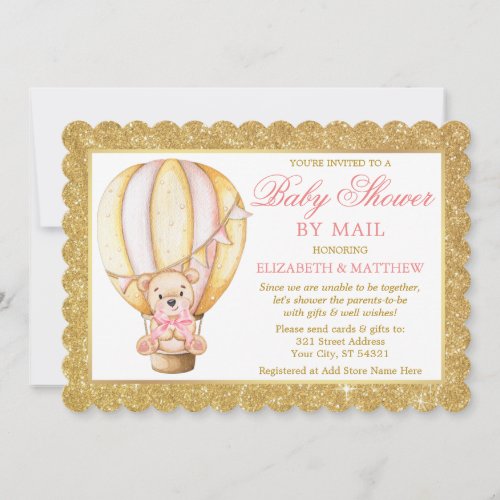 Hot Air Balloon Bear Glitter Pink Shower by Mail Invitation