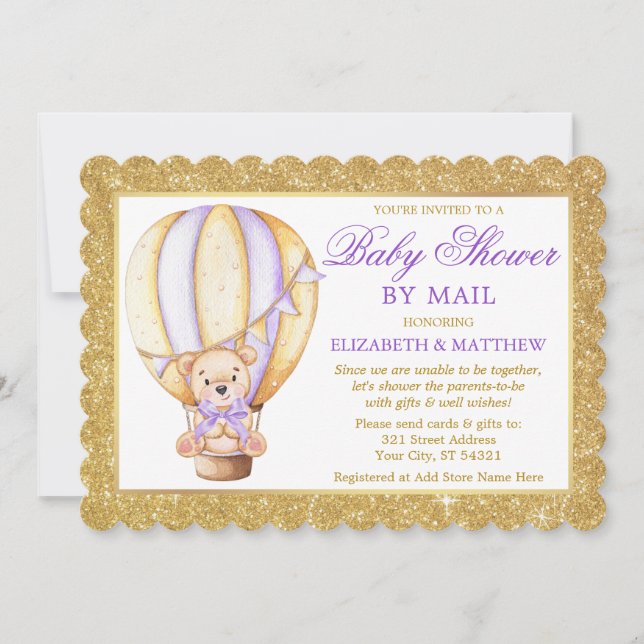 Hot Air Balloon Bear Glitter Purple Shower by Mail Invitation (Front)