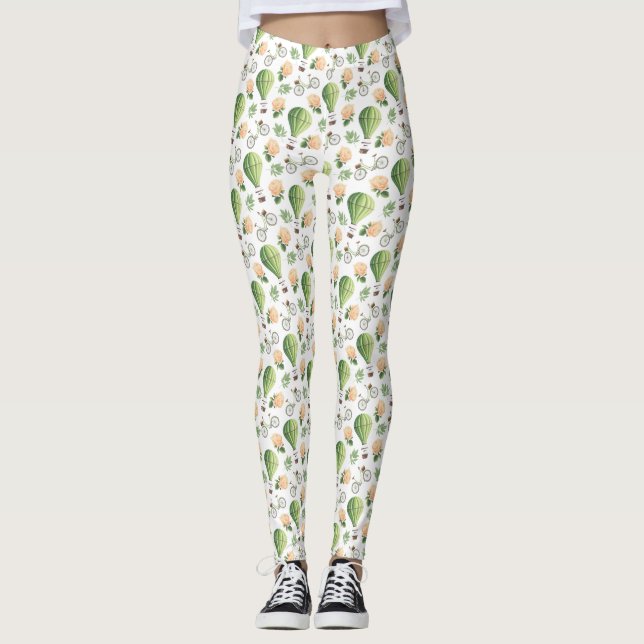 Hot Air Balloon, Bike, Peach Rose Pattern Leggings (Front)